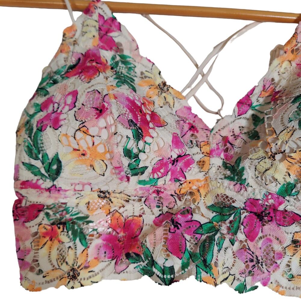 VICTORIA'S SECRET Pink Bralette Bright Floral Lace Size Medium M - Picture 4 of 10
